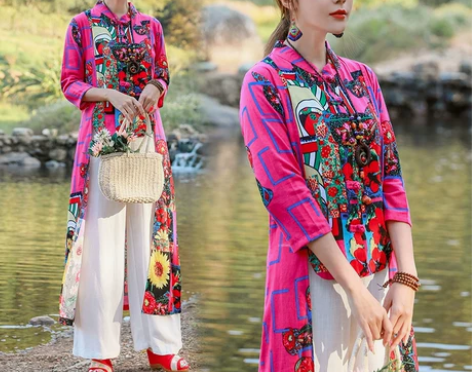 2022春夏新款民族风大码盘扣棉麻印花连衣...