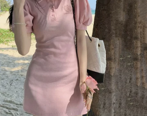 运动裙 运动t恤裙粉色Polo领连衣裙女夏泡泡灯笼袖短袖包