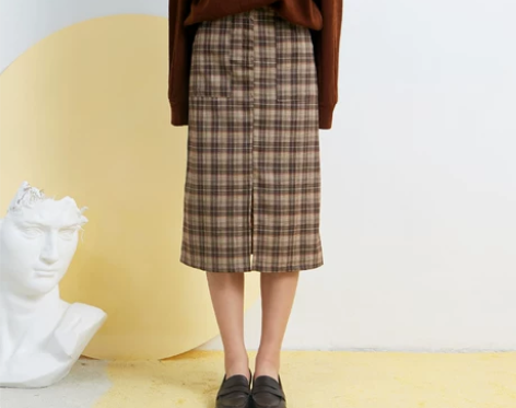 卡农自制 韩范新款开叉裙摆松紧高腰格纹包臀...