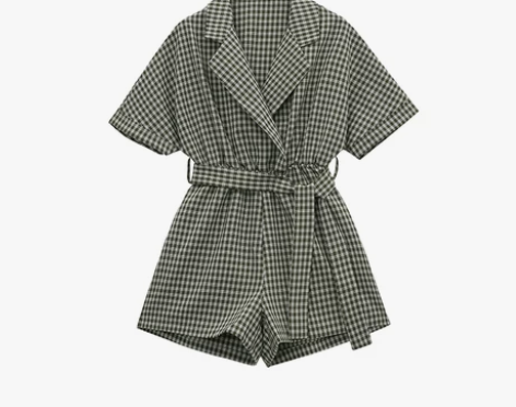 格子连体裤女夏韩版宽松复古英伦西装领收腰系...