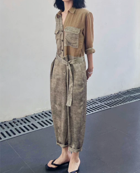 连体裤 连体裤长裤画粉原创设计新款亚麻色拼...