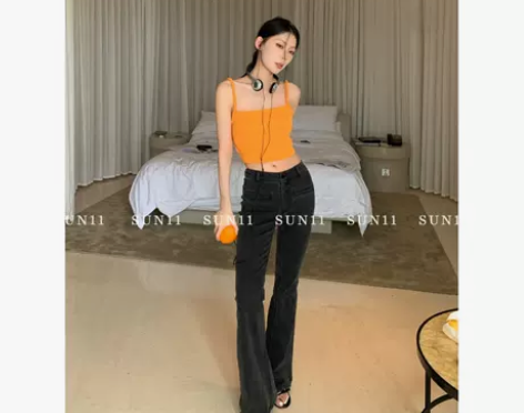 SUN11 复古水洗灰色微喇牛仔裤女夏修身...