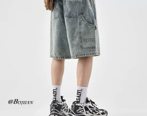 水洗做旧牛仔短裤男夏季宽松阔腿直筒五分裤美...