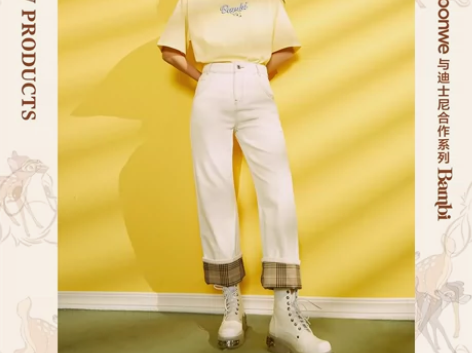 美特斯邦威迪士尼小鹿斑比联盟款高腰牛仔裤女...