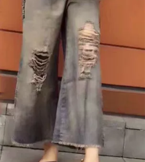 大码夏季薄款，侧开叉高腰宽松阔腿破洞牛仔裤...