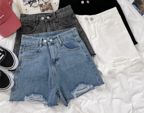 RENA店主推荐破洞毛边水洗做旧随性高腰两...