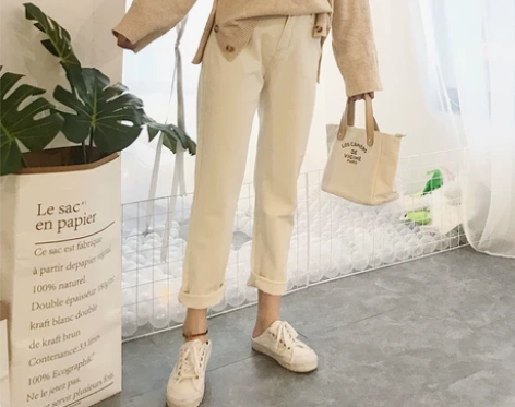 米白色直筒裤女长裤2019新款阔腿裤宽松老爹萝卜裤高腰加绒牛...