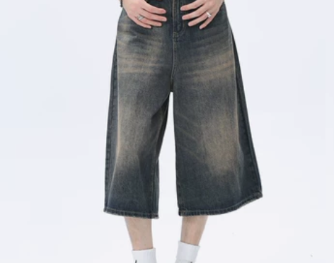 voguorelay阔腿7分牛仔裤复古水洗...