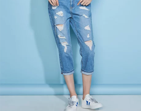 艾格ES春装破洞宽松直筒七分牛仔裤女8E0...