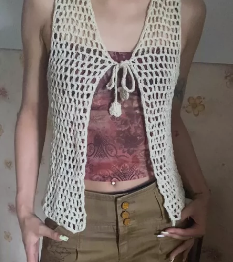 vintage古着钩针编织背心 绳子上有钩...