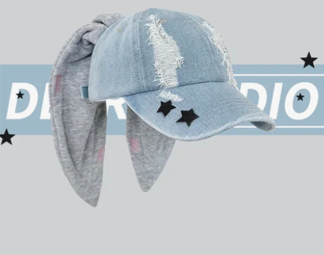 newjeans同款兔耳朵牛仔破洞棒球帽子...