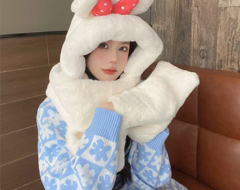 可爱蝴蝶结毛绒护耳骑车帽女秋冬帽子围巾手套...