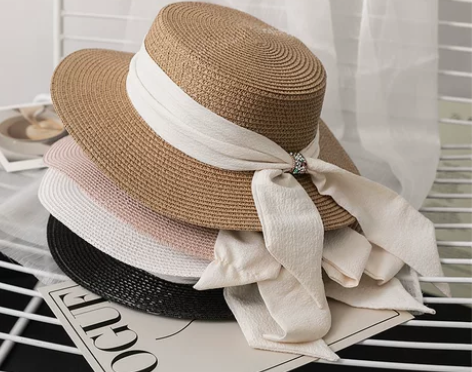 平顶小礼帽飘带沙滩遮阳草帽夏凉帽女拍照度假...