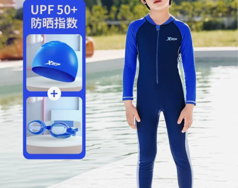 特步儿童泳衣男童连体专业长袖2023新款夏...