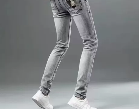 2023新款男士牛仔裤男修身小脚韩版潮牌印...