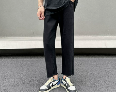 黑色毛边直筒牛仔裤男修身百搭九分夏季薄款2...