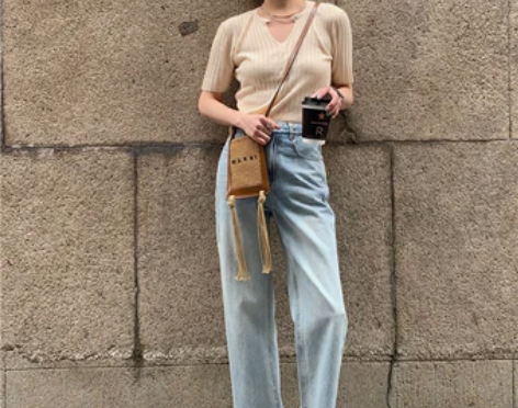 小小拉1937 浅色破边不规则牛仔裤女 直...