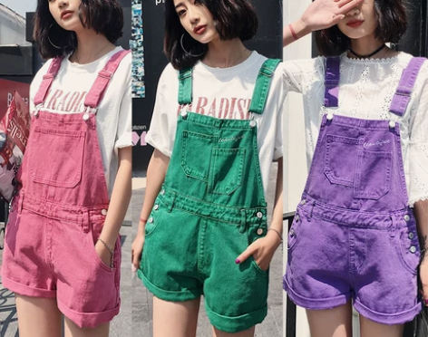 夏季彩色背带短裤女牛仔高腰连体裤吊带学生宽...