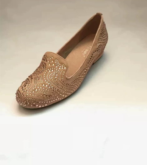 35码品牌捡漏裸粉色烫钻真皮女单鞋内增高平...