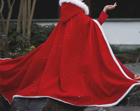 红色斗篷汉服女中国风长款毛领加绒加厚披风古...