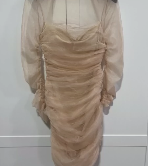 杏色包臀裙小礼服裙修身裙网纱连衣裙皱褶款 ...