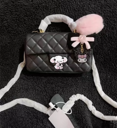 全新的！羊皮黑色手提翻盖包香香单肩斜挎菱格...