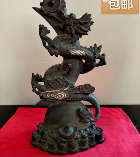 来自民间收藏品飞龙铜像，寓意招财进宝 日月...
