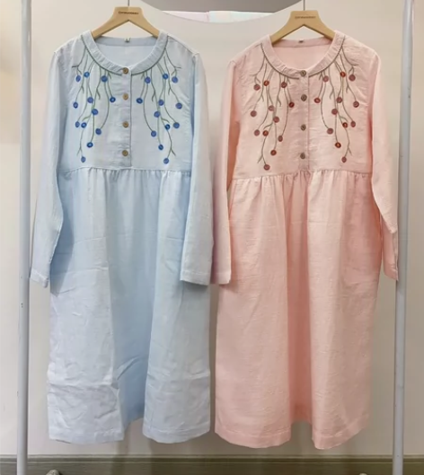 松植屋蒲藤棉纱长袖文艺风长袖睡裙 双侧口袋...