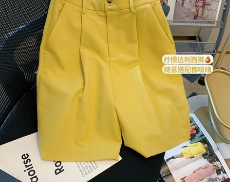黄色高腰西装短裤女2023夏季新款宽松显瘦...